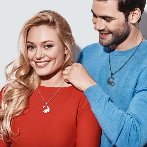 Miniatura 2 de Collar a Juego para Parejas, Collar Personalizado con Colgante de Gato Mascota Yin Yang, Collares de Promesa de Novio y Novia para Él y Ella, Regalo