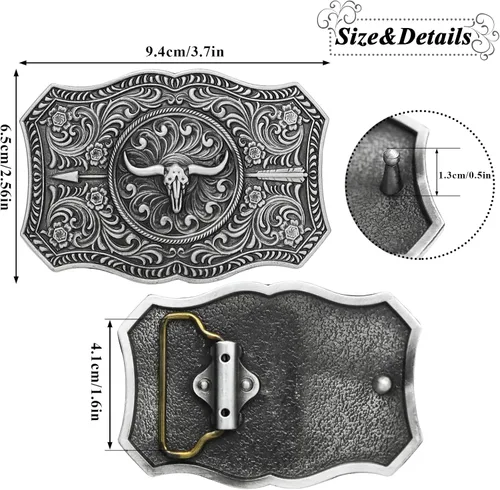 Miniatura 12 de RechicGu Hebilla de cinturón ovalada de calavera de toro de cuerno largo, cuentas de madera turquesa nativa americana, hebillas de vaquero