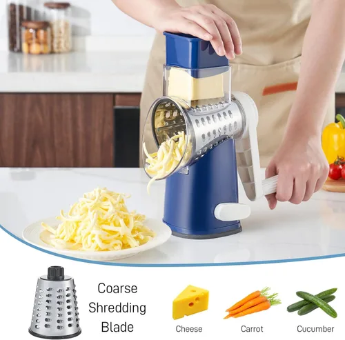 Miniatura 5 de VEKAYA Rallador de queso giratorio con manivela de mano con 4 cuchillas intercambiables de acero inoxidable, trituradora de mango manual grande