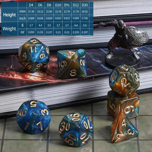 Miniatura 3 de CiaraQ DND - Juego de dados poliédricos con una bolsa de dados negra para juegos de mesa de rol D&D RPG MTG Azul mezclado con marrón + purpurina