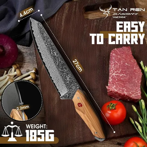 Miniatura 5 de TAN REN Cuchillo de chef de Damasco de 6 pulgadas con funda, cuchillo japonés Kiritsuke afilado, cuchillos de cocina de Damasco de espiga completa