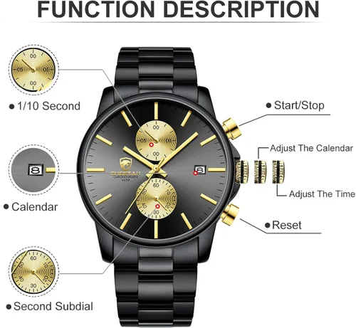 Miniatura 3 de Golden Hour Fashion Business Relojes para hombre con cronógrafo a prueba de agua de acero inoxidable reloj de cuarzo con fecha automática
