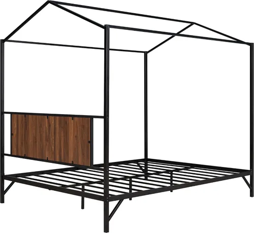 Miniatura 5 de Cama de metal simple con base de tablillas, cama de plataforma tamaño Queen con techo y cabecero, para niños, adolescentes, niños, niñas, uso