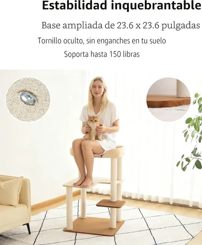 Miniatura 7 de Árbol para gatos para gatos grandes, torre moderna amigable para gatos mayores con estantes anchos, postes rascadores de algodón, base súper