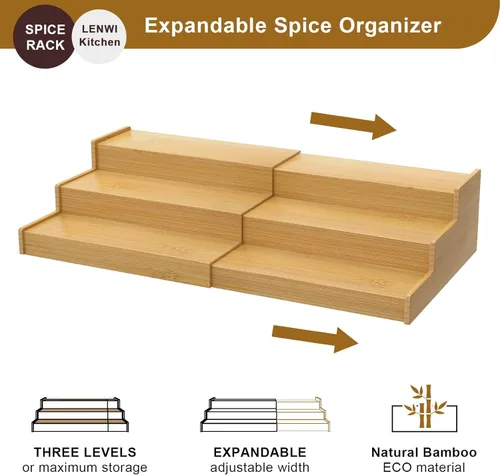 Miniatura 2 de Lenwi Organizador de estante de especias para gabinete, de bambú expandible de 3 niveles, ideal para gabinete de cocina, armario, despensa y más