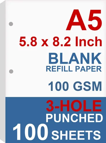 Papel de relleno A5, repuestos para planificador de 3 agujeros, organizador, carpetas, total de 100 hojas/200 páginas, 100gsm, en blanco, papel