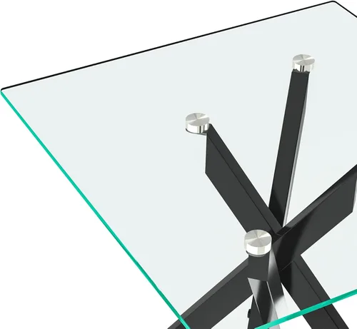 Miniatura 8 de Mesa auxiliar pequeña de vidrio con patas de metal negro, moderna mesa auxiliar cuadrada de vidrio templado transparente con diseño elegante