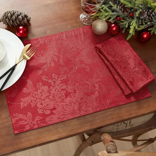 Miniatura 3 de Elrene Home Fashions Poinsettia Elegance - Servilletas de cena de tela jacquard para Navidad y vacaciones, juego de 4, 17"x17", rojo