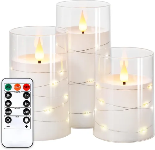 NURADA Velas parpadeantes sin llama: luces de cadena de estrella incorporadas, velas LED de mecha 3D acrílicas que funcionan con pilas, con control