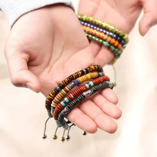 Miniatura 5 de Boho Natural Gemstone Blue Turquoise Black Brown Tiger Eye Red Lime Orange Jasper Green Jade Malachite Stones Chakra Stacking Bolo Bracelet Gold