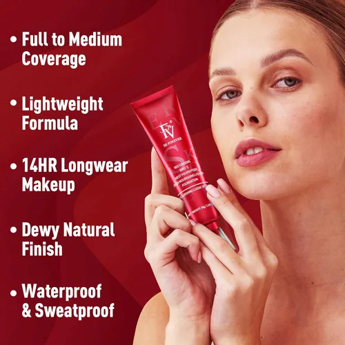 Miniatura 5 de FV Base de maquillaje líquida dewy, fórmula hidratante suave y ligera, cobertura media-completa de larga duración con acabado natural, base Beige
