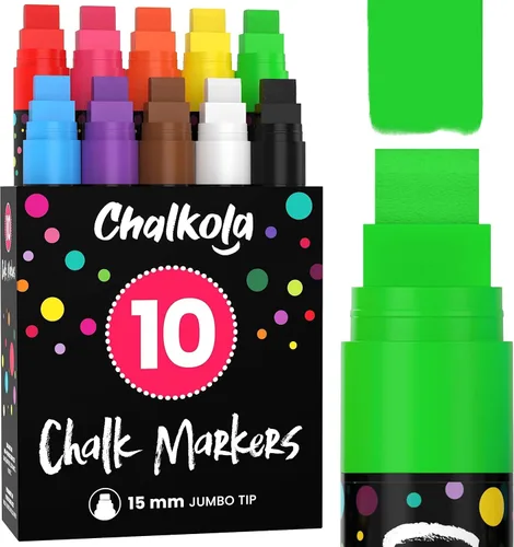Chalkola Marcadores de ventana – 0.591 in Jumbo – Punta 3 en 1 con tinta de 0.99 oz – Paquete de 10 bolígrafos de tiza neón – Amados por profesores,
