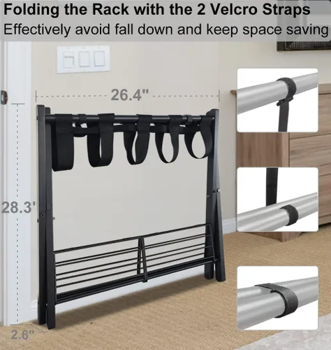 Miniatura 5 de Portaequipajes plegable para habitación de invitados, soporte plegable de metal para maleta con estante de metal para dormitorio, negro, paquete de 1