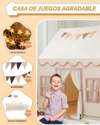 Miniatura 2 de Tienda de campaña grande para niños con luces de estrellas, banderas y bolsas de mano, tienda de campaña para niños en interiores y exteriores, Crema