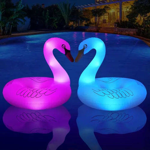 Miniatura 7 de FlyfreeU - Flotadores inflables de cisne con luces coloridas, anillos flotantes de natación de cisne que cambian de color con luz LED solar, 42