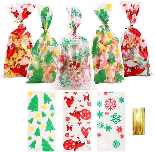 LOKIQNG 150 PAQUETES Bolsas de Celofán de Navidad Bolsas de Regalo para Dulces y Galletas con Ataduras Giratorias para Recuerdos de Fiesta de