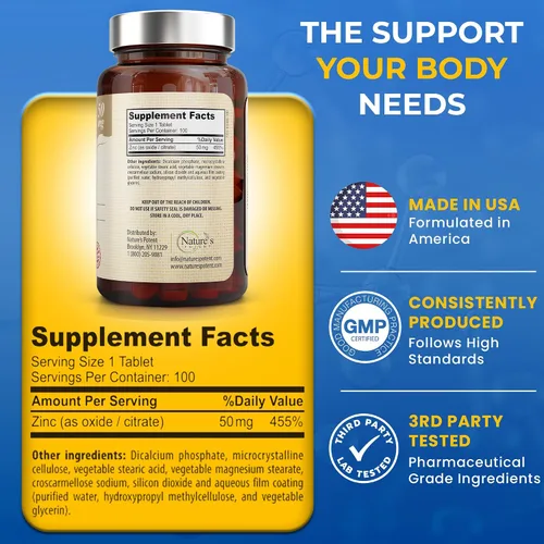 Miniatura 5 de Suplemento de zinc de 50 mg [alta potencia] - Sistema de apoyo inmunológico de zinc natural (óxido/citrato) 100 comprimidos, fabricado por Nature's