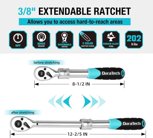 Miniatura 2 de DURATECH Trinquete extensible de accionamiento de 3/8 pulgadas, llave de trinquete de 90 dientes de liberación rápida con mango acolchado y eje