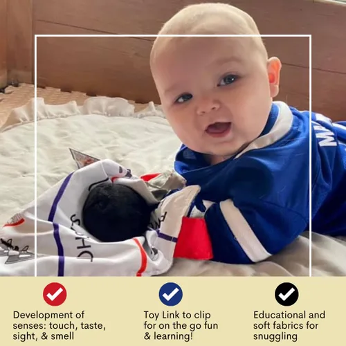 Miniatura 5 de Baby Jack & Co - Manta de felpa sensorial de hockey deportiva de 10 x 10 pulgadas, juguetes de etiqueta para bebés, juguetes para cochecito de bebé