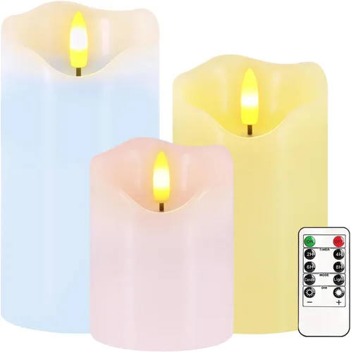 Velas sin llama, juego de 3 velas LED de primavera pastel con control remoto y temporizador, velas parpadeantes de pilar de Pascua que funcionan con