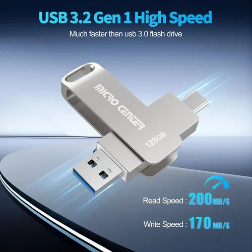 Miniatura 3 de Micro Center SuperSpeed - Paquete de 5 unidades de 128 GB USB 3.2 Gen 1 Tipo-C, OTG tipo A, unidad flash giratoria de metal para almacenamiento