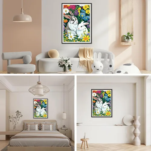 Miniatura 3 de SENQAO Kit de pintura de diamante de conejo, kit de pintura de diamantes de flores 5D, arte de diamantes de taladro completo para adultos y niños