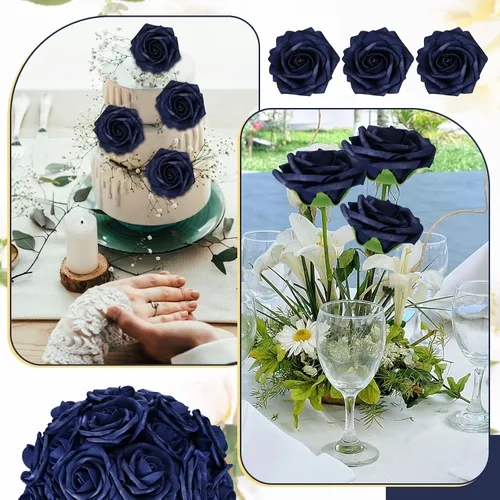 Miniatura 6 de Tigeen Paquete de 200 rosas artificiales azul marino a granel con tallos, rosas artificiales de espuma de aspecto real, flores falsas para ramos
