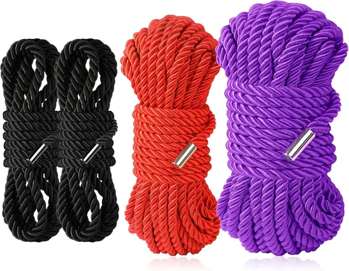 Cuerda suave de seda duradera, 32 pies 0.315 in, cuerda trenzada de satén larga multiusos (2 x 8 pies, negro, rojo de 16 pies + 32 pies morado)