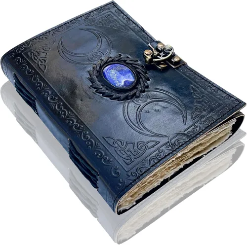 URBAN LEATHER Diario de cuero vintage para hombres y mujeres, diario de lapislázuli celta de 3 lunas, grimorio, libro negro de sombras, cuaderno de