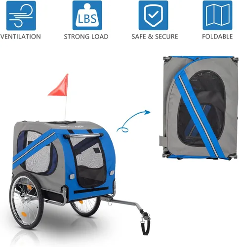 Miniatura 6 de PEXMOR Remolque de bicicleta para perros, carrito plegable para mascotas con enganche universal, transporte de carga para perro y ruedas de Azul
