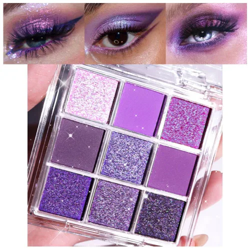 Miniatura 12 de evpct Paleta de sombra de ojos con 9 colores, gris plateado con purpurina, sombra de ojos brillante y ahumada en negro, gris plateado y blanco D-9
