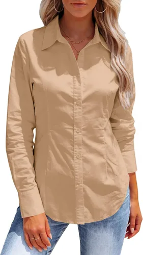 Miniatura 12 de Button Down Shirts for Women Long Sleeve Dress Shirts Collared Work Wrinkle Free Office Solid Blouses Fitted Tops