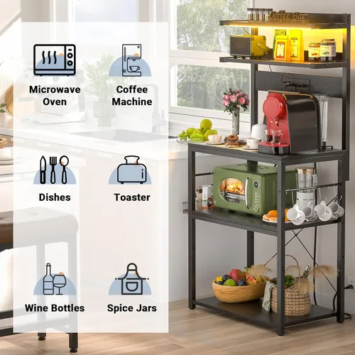 Miniatura 6 de Aheaplus - Estantería de cocina con toma de corriente, soporte para microondas, estación de café de 5 niveles con luces LED, estante