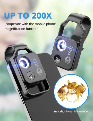 Miniatura 2 de Mini microscopio de bolsillo para teléfono 200X con luz LED/clip universal, accesorios de cámara de microscopio digital portátil Nano Zoom para 99%
