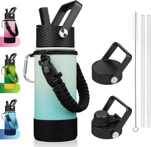 Miniatura 17 de BJPKPK - Botella de agua con tapa de popote, botellas de agua aisladas de 18 onzas con 3 tapas, asa de cuerda de paracaídas y base antideslizante