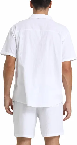 Miniatura 3 de RPOVIG Conjunto corto de camisa de lino conjunto casual de 2 piezas para hombre