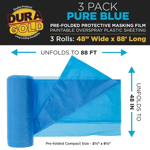 Miniatura 2 de Dura-Gold Película de enmascaramiento preplegada azul puro de 48 pulgadas x 88 pies, paquete de 3 rollos de plástico para pintores (0.4 mil), hoja