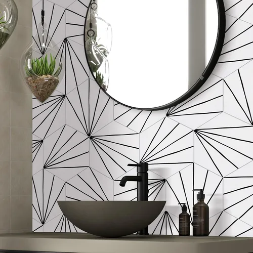 Miniatura 7 de Adhesivo de 45 hojas para despegar y pegar, 6 x 7 pulgadas, diseño de flores hexagonales de estilo Art Deco color blanco, para cocina, baño, ducha