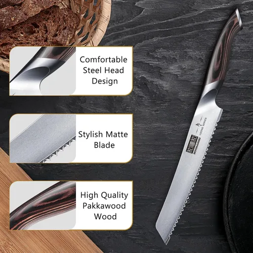 Miniatura 4 de HOSHANHO Cuchillo de pan de 8 pulgadas, cuchillo de pan serrado japonés de acero inoxidable de alto carbono, cuchillo profesional para cortar pan