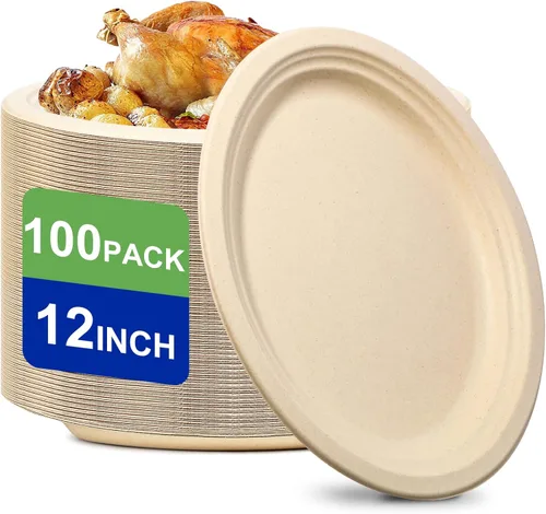Miniatura 7 de Platos de papel grandes de 14 pulgadas, paquete de 50 bandejas desechables, platos de papel 100% compostables resistentes, platos desechables