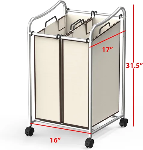 Miniatura 2 de Simple Houseware Carro Clasificador de Ropa Sucia Rodante de Servicio Pesado de 2 Bolsas, Cromado – Bolsas Extraíbles de 2 Secciones y Ruedas