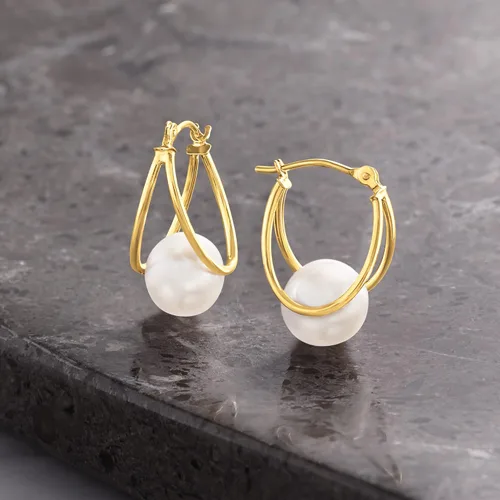 Miniatura 5 de Ross-Simons 8-9mm Cultured Pearl Double-Hoop Earrings in 14kt Yellow Gold. 34