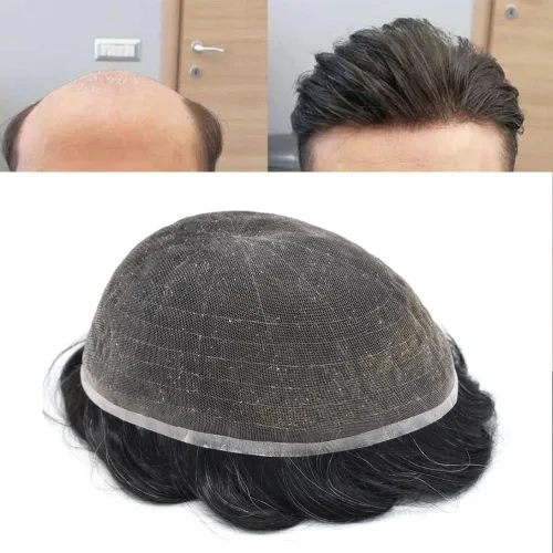 Miniatura 29 de Extensiones de cabello suizo completo para hombre, sistema de reemplazo de cabello humano europeo para hombres