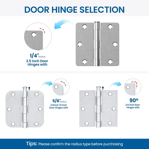 Miniatura 4 de HOSOM Paquete de 6 bisagras de puerta de níquel satinado de 3.5 pulgadas, bisagras de puerta interior resistentes con radio de 1/4 pulgada, bisagras
