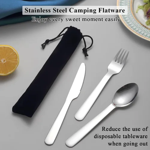 Miniatura 3 de Evanda Juego de cubiertos portátiles de 3 piezas, incluye cuchara tenedor y cuchillo, juego de cubiertos de camping con bolsa negra, para el hogar