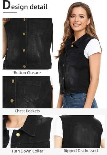 Miniatura 50 de Xeoxarel Chaleco de mezclilla para mujer, chaqueta vaquera sin mangas (XS-XXL)