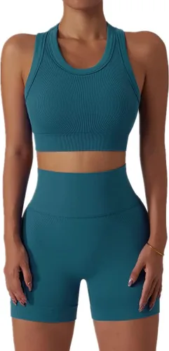 Miniatura 90 de Conjuntos de entrenamiento para mujer, 2 piezas, sin costuras, acanalada, sin mangas, brasier deportivo, cintura alta, pantalones cortos