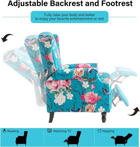 Miniatura 3 de Silla reclinable tapizada, sillón de ala floral con respaldo y reposapiés ajustables, cómoda silla decorativa para leer, sofá individual