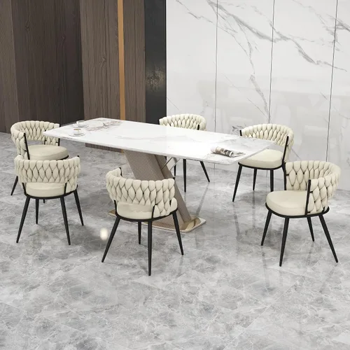 Miniatura 9 de Juego de 2 sillas de comedor tejidas, modernas sillas de comedor tejidas a mano con patas de metal negro, sillas tapizadas con marco negro