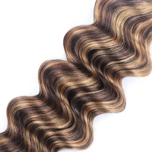 Miniatura 4 de P4/27 paquetes de cabello humano con reflejos marrones de onda profunda, paquetes de 10 pulgadas sin procesar rubio virgen rizado profundo
